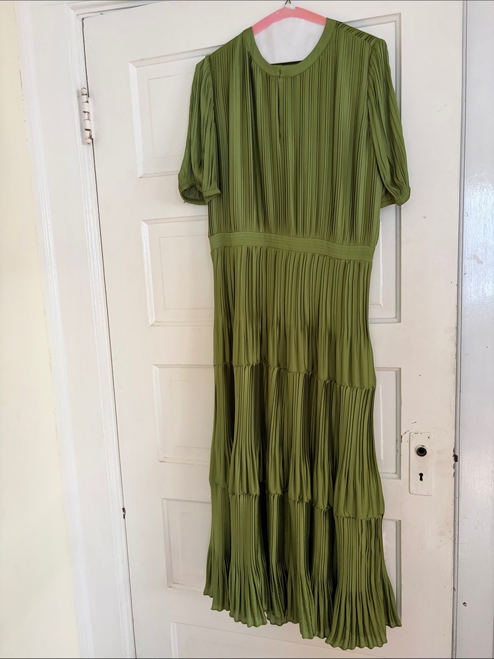 Pleated Olive Green Midi Dress with Tiered Skirt - Women's Dress